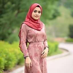 A young Arab woman in her late twenties, with medium-sized breasts, wearing a beautifully styled hijab