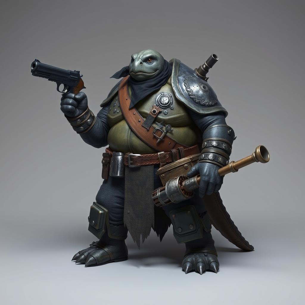 A 6-foot-tall, 400-pound Tortle standing confidently, embodying a unique multiclass Artificer Rogue character