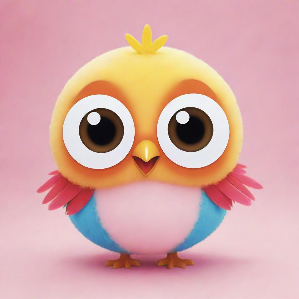 A cute kawaii-style bird with big, radiant eyes and a soft, round body. Its feathers are vibrantly colored, and it wears a friendly, cheerful expression.