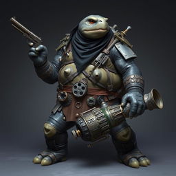 A 6-foot-tall, 400-pound Tortle standing confidently, embodying a unique multiclass Artificer Rogue character