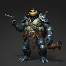 A 6-foot-tall, 400-pound Tortle standing confidently, embodying a unique multiclass Artificer Rogue character