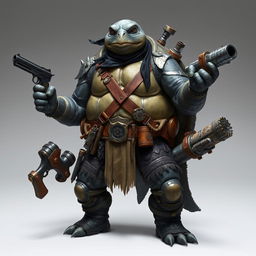 A 6-foot-tall, 400-pound Tortle standing confidently, embodying a unique multiclass Artificer Rogue character