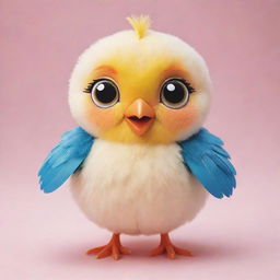 A cute kawaii-style bird with big, radiant eyes and a soft, round body. Its feathers are vibrantly colored, and it wears a friendly, cheerful expression.