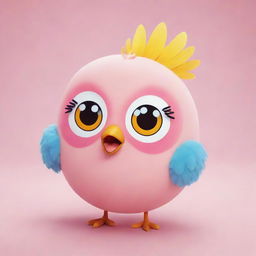 A cute kawaii-style bird with big, radiant eyes and a soft, round body. Its feathers are vibrantly colored, and it wears a friendly, cheerful expression.