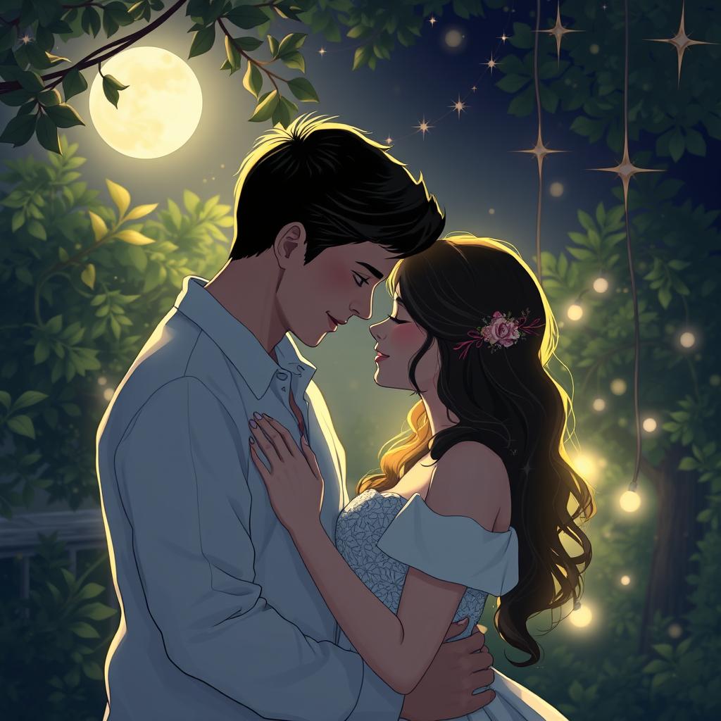 Romantic and intimate scene between a loving couple in a serene setting, illuminated by soft moonlight, with a focus on gentle expressions and tender gestures