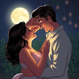 Romantic and intimate scene between a loving couple in a serene setting, illuminated by soft moonlight, with a focus on gentle expressions and tender gestures