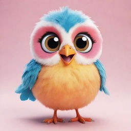 A cute kawaii-style bird with big, radiant eyes and a soft, round body. Its feathers are vibrantly colored, and it wears a friendly, cheerful expression.