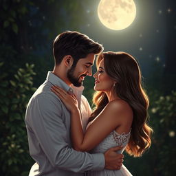 Romantic and intimate scene between a loving couple in a serene setting, illuminated by soft moonlight, with a focus on gentle expressions and tender gestures