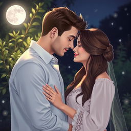 Romantic and intimate scene between a loving couple in a serene setting, illuminated by soft moonlight, with a focus on gentle expressions and tender gestures