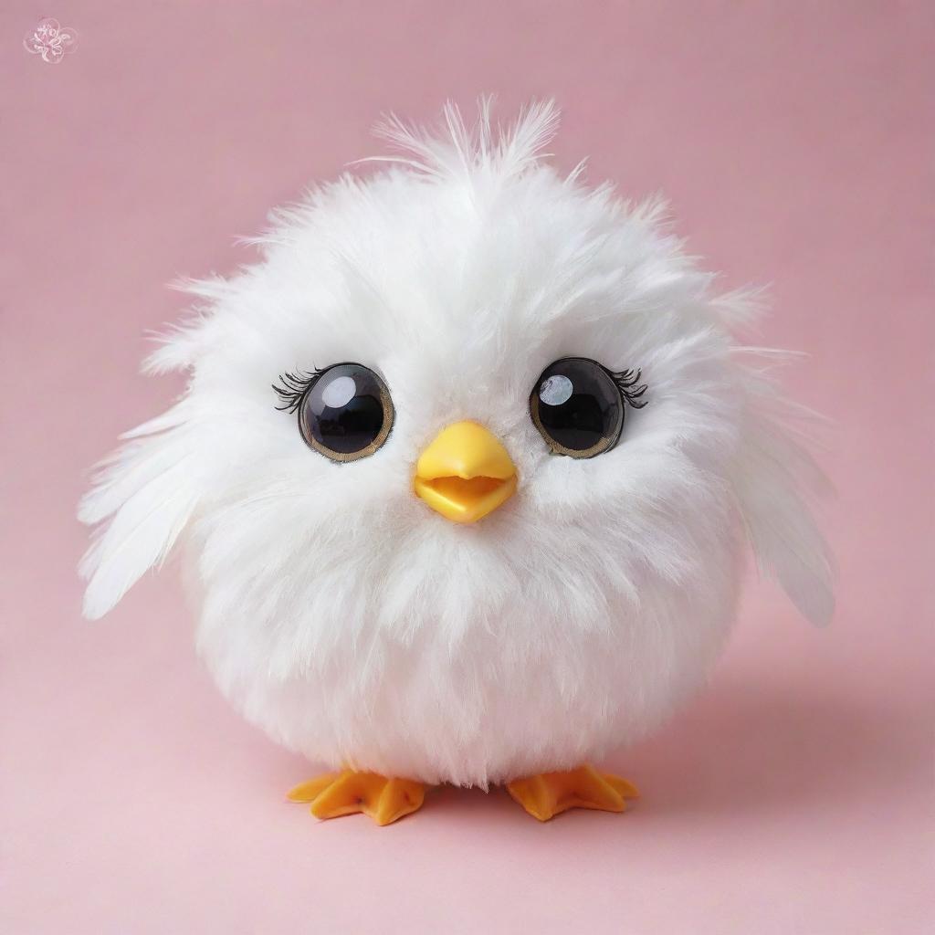 A charming kawaii-style white bird with large sparkling eyes, a soft round body, and fluffy, pure white feathers. It carries a friendly and joyful expression.