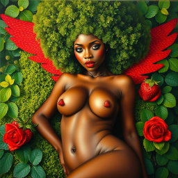 A polished, finished oil-based painting presenting a macro aerial view of a nude, gorgeous-faced Black woman
