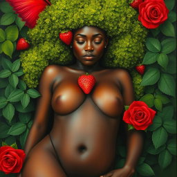 A polished, finished oil-based painting presenting a macro aerial view of a nude, gorgeous-faced Black woman