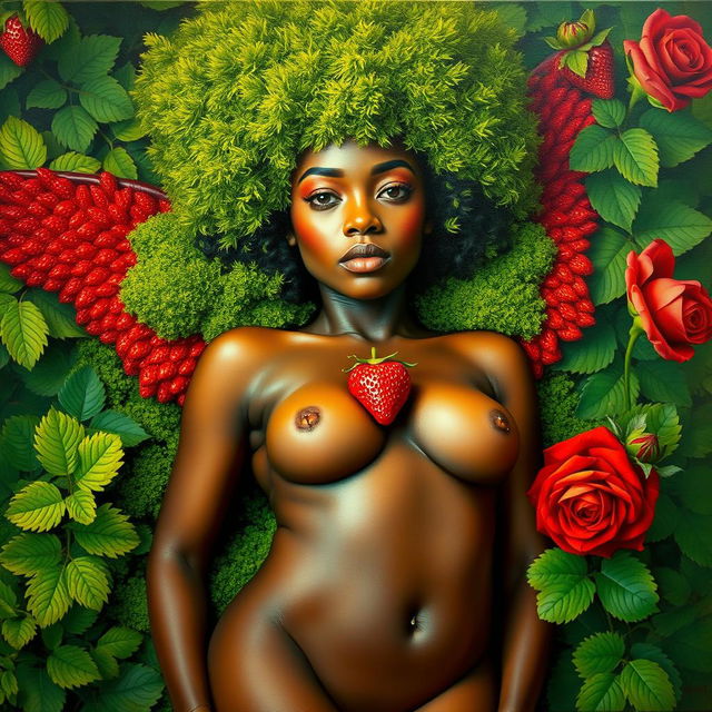 A polished, finished oil-based painting presenting a macro aerial view of a nude, gorgeous-faced Black woman