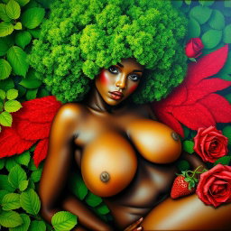 A polished, finished oil-based painting presenting a macro aerial view of a nude, gorgeous-faced Black woman
