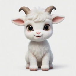 A lovable kawaii-style white goat with large, twinkling eyes and a round body. It's fur is fluffy and pure white, and it carries a friendly, playful expression on its face.