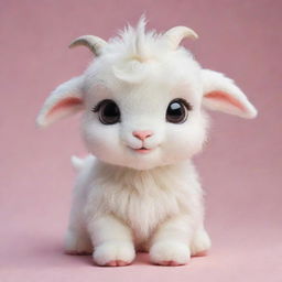 A lovable kawaii-style white goat with large, twinkling eyes and a round body. It's fur is fluffy and pure white, and it carries a friendly, playful expression on its face.