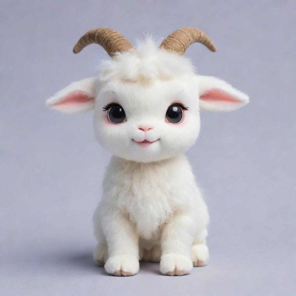 A lovable kawaii-style white goat with large, twinkling eyes and a round body. It's fur is fluffy and pure white, and it carries a friendly, playful expression on its face.