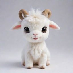 A lovable kawaii-style white goat with large, twinkling eyes and a round body. It's fur is fluffy and pure white, and it carries a friendly, playful expression on its face.