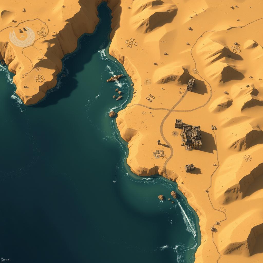 A meticulously crafted 2D DND map of a vast desert landscape featuring a winding river that gracefully pours into a distant ocean