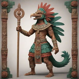 A highly detailed and accurate representation of the Aztec god Quetzalcóatl, personified as an elegant, noble human figure wearing traditional Aztec attire and holding a staff