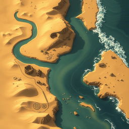 A meticulously crafted 2D DND map of a vast desert landscape featuring a winding river that gracefully pours into a distant ocean