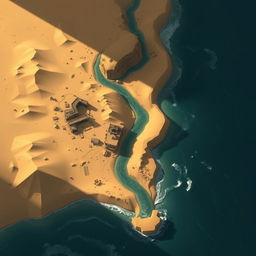 A meticulously crafted 2D DND map of a vast desert landscape featuring a winding river that gracefully pours into a distant ocean