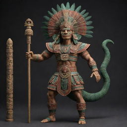 A highly detailed and accurate representation of the Aztec god Quetzalcóatl, personified as an elegant, noble human figure wearing traditional Aztec attire and holding a staff