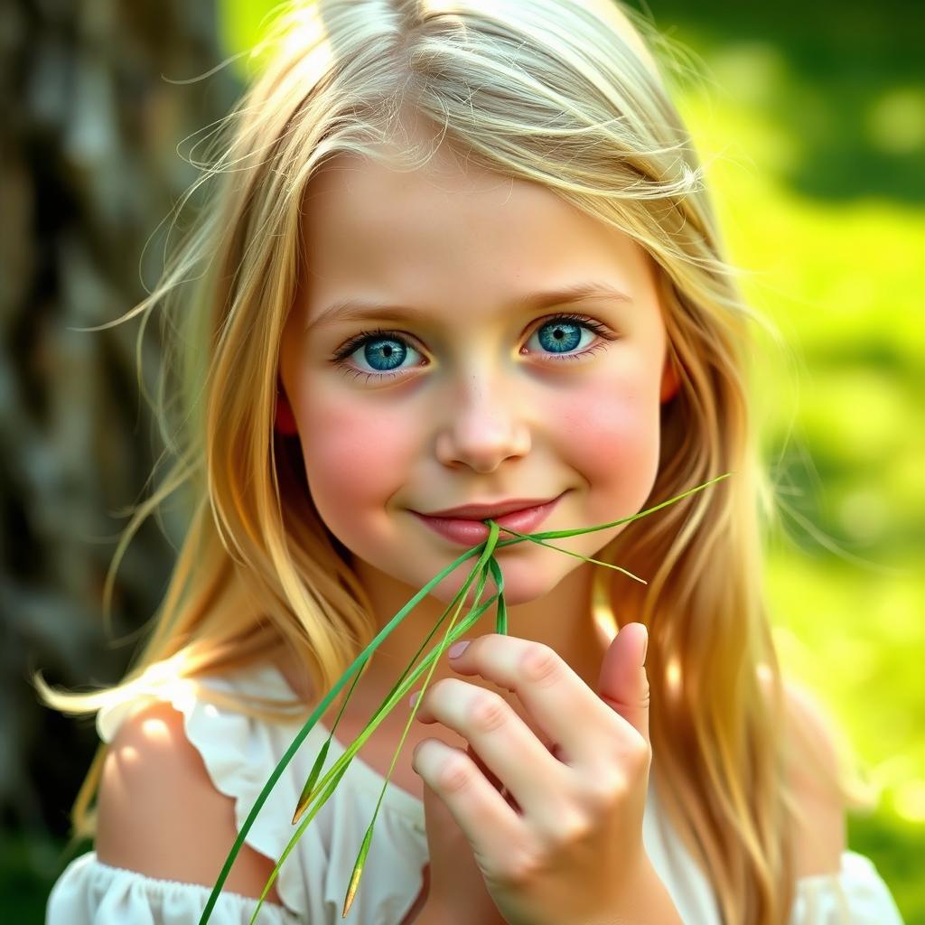 A pretty and humble blonde girl, around 25 years old, with blue eyes and a subtle smile, gently biting a straw of grass