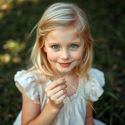 A pretty and humble blonde girl, around 25 years old, with blue eyes and a subtle smile, gently biting a straw of grass