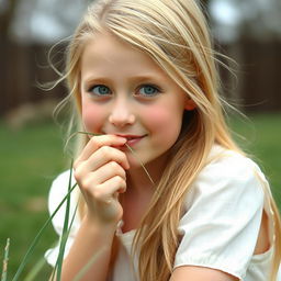 A pretty and humble blonde girl, around 25 years old, with blue eyes and a subtle smile, gently biting a straw of grass