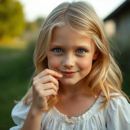 A pretty and humble blonde girl, around 25 years old, with blue eyes and a subtle smile, gently biting a straw of grass