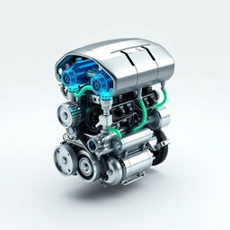 A detailed design of a futuristic, environmentally friendly car engine, showcasing a compact and efficient layout with advanced hybrid technology