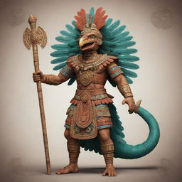 A highly detailed and accurate representation of the Aztec god Quetzalcóatl, personified as an elegant, noble human figure wearing traditional Aztec attire and holding a staff