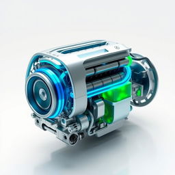 A detailed design of a futuristic, environmentally friendly car engine, showcasing a compact and efficient layout with advanced hybrid technology