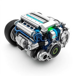 A detailed design of a futuristic, environmentally friendly car engine, showcasing a compact and efficient layout with advanced hybrid technology