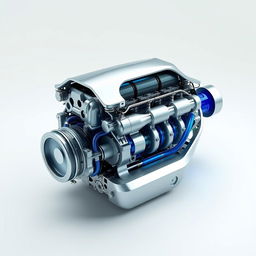 A detailed design of a futuristic, environmentally friendly car engine, showcasing a compact and efficient layout with advanced hybrid technology