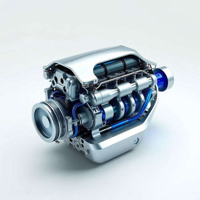 A detailed design of a futuristic, environmentally friendly car engine, showcasing a compact and efficient layout with advanced hybrid technology