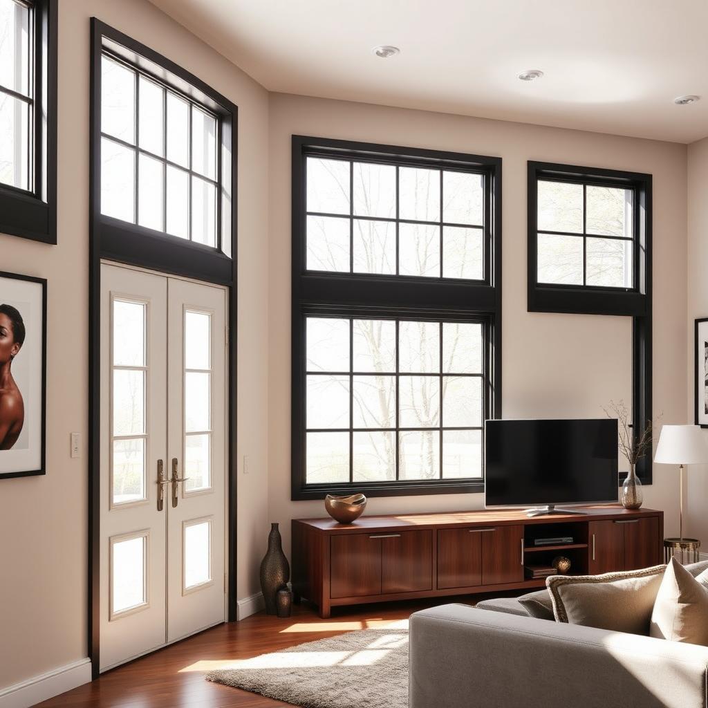 A stylish living room featuring a white entrance door with a glass panel, allowing natural light to illuminate the space