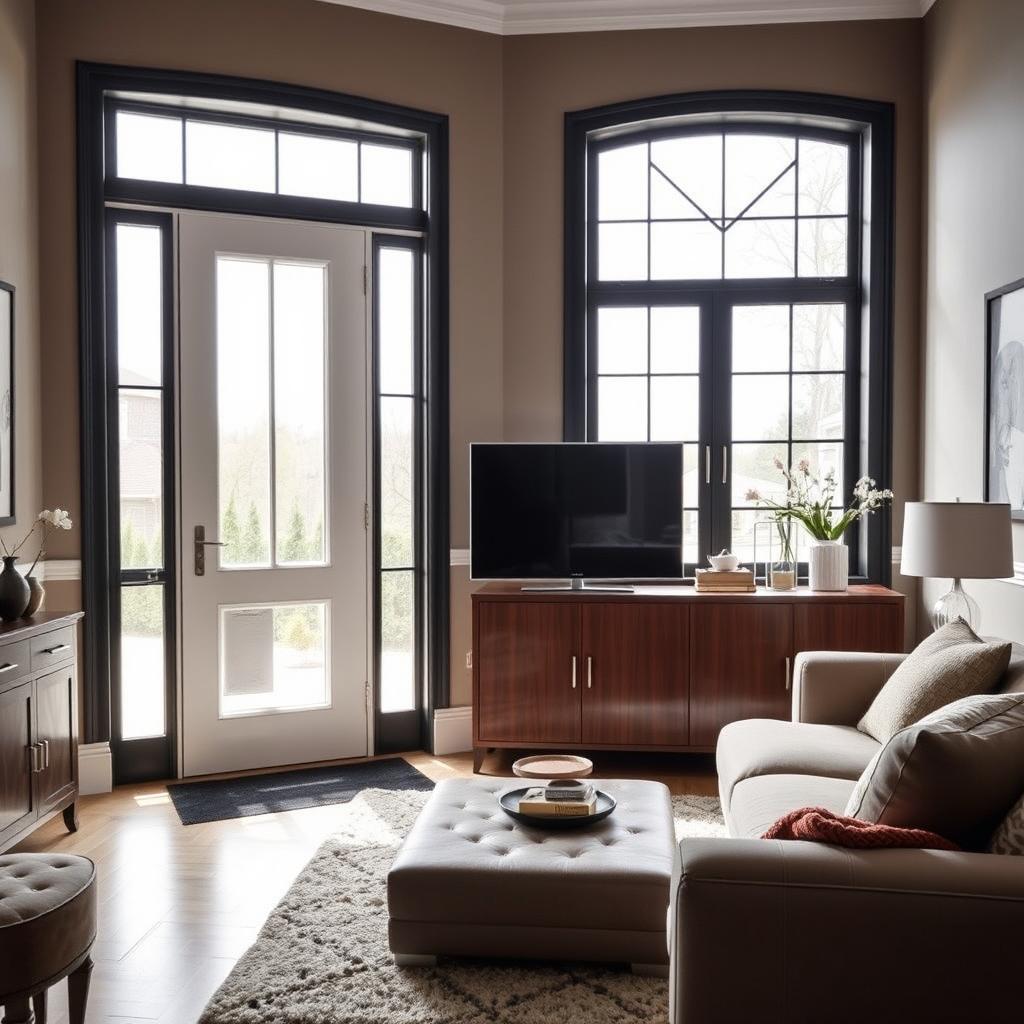 A stylish living room featuring a white entrance door with a glass panel, allowing natural light to illuminate the space