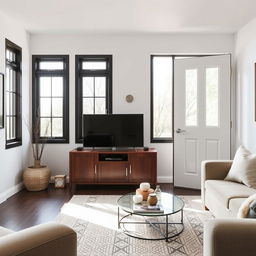 A stylish living room featuring a white entrance door with a glass panel, allowing natural light to illuminate the space