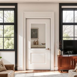 A stylish living room featuring a white entrance door with a glass panel, allowing natural light to illuminate the space