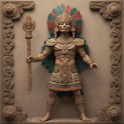 A highly detailed and accurate representation of the Aztec god Quetzalcóatl, personified as an elegant, noble human figure wearing traditional Aztec attire and holding a staff