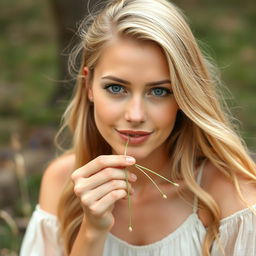 A lovely and humble blonde woman, around 25 years old, with striking blue eyes and a subtle, enchanting smile, gently biting a straw of grass