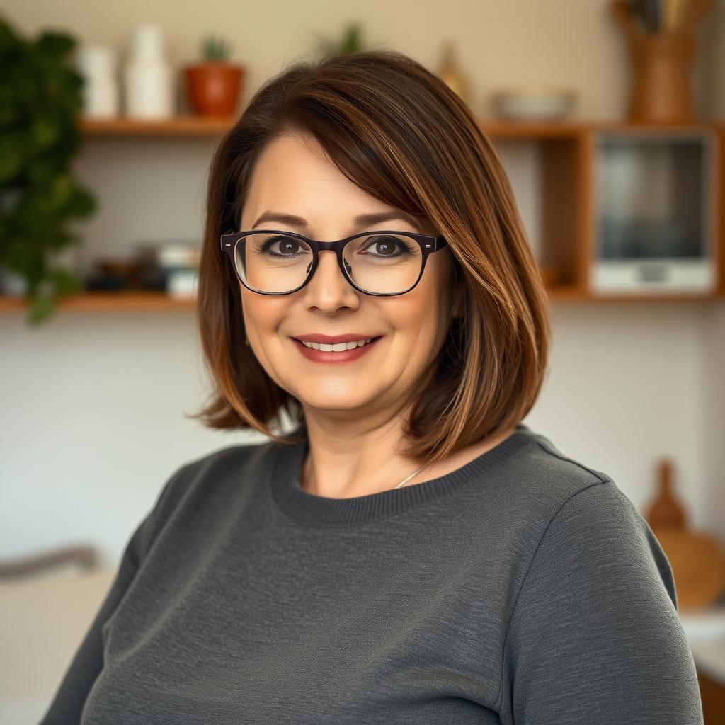 45-year-old woman with shoulder-length brunette hair, expressive eyes, chubby figure, and busty build, wearing glasses