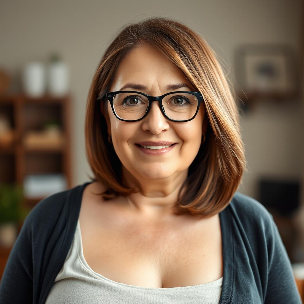 45-year-old woman with shoulder-length brunette hair, expressive eyes, chubby figure, and busty build, wearing glasses