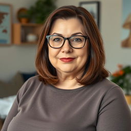 45-year-old woman with shoulder-length brunette hair, expressive eyes, chubby figure, and busty build, wearing glasses