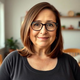 45-year-old woman with shoulder-length brunette hair, expressive eyes, chubby figure, and busty build, wearing glasses