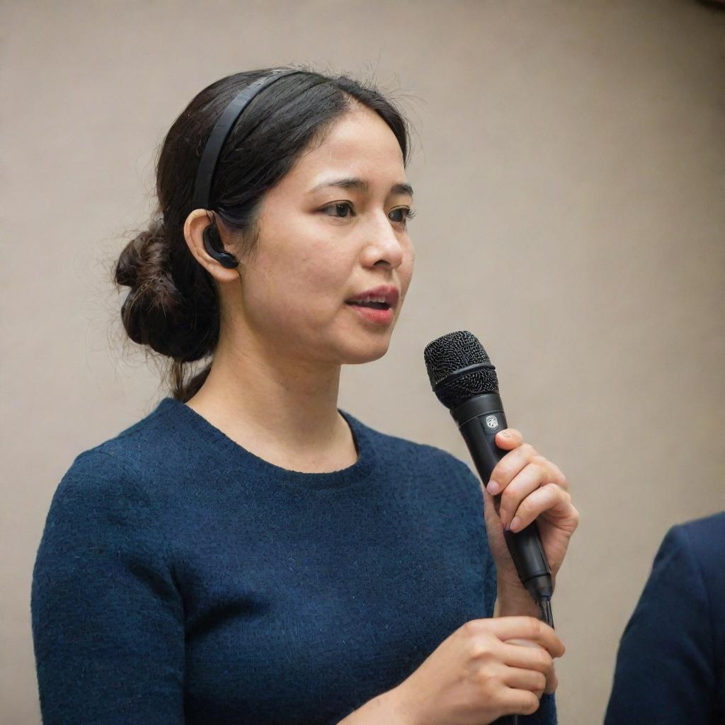 A small, portable device with a touchscreen, two microphones, and two speakers. A person is seen speaking into the microphone as the translation in the chosen language sounds out from the speaker.