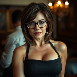 A sexy 45-year-old woman with shoulder-length brunette hair, seductive eyes, voluptuous figure, and an alluring busty build, accentuated by her stylish glasses