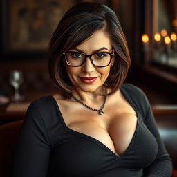 A sexy 45-year-old woman with shoulder-length brunette hair, seductive eyes, voluptuous figure, and an alluring busty build, accentuated by her stylish glasses